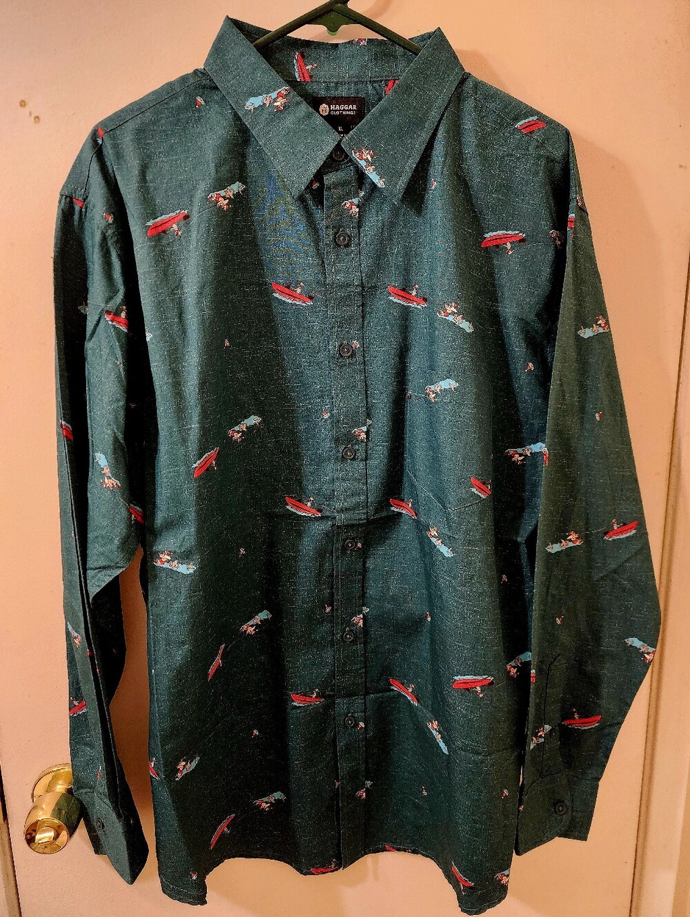 Haggar Men's Dark Green Collared Long-Sleeve Button-Up Christnas Print Shirt